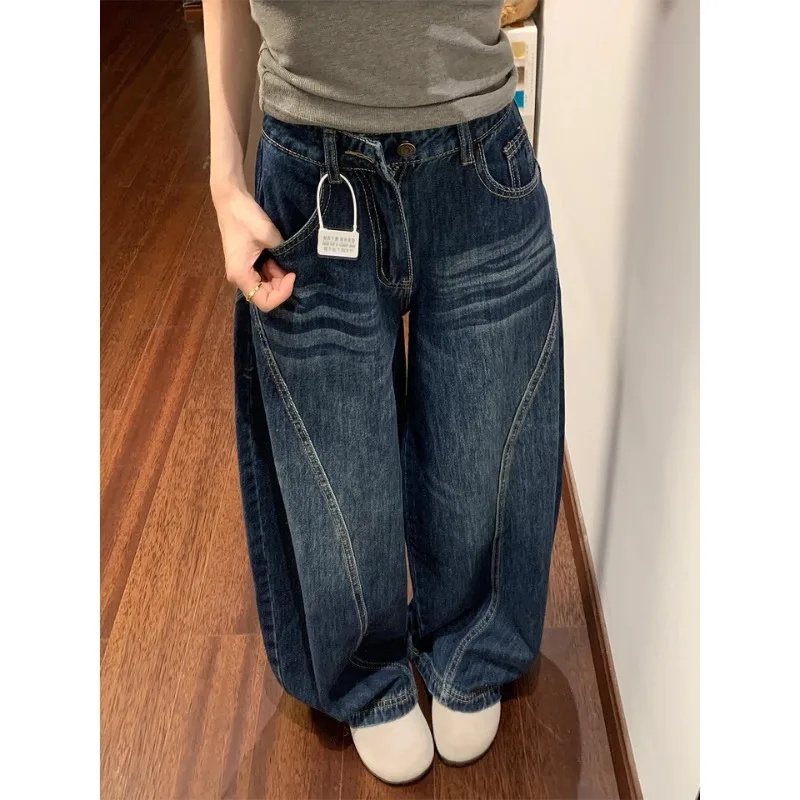 Deep Blue High Waist Knife Women's Denim Jeans Women's Loose Slimming Vintage Washed Wide Leg Floor Length Pants Casual Style