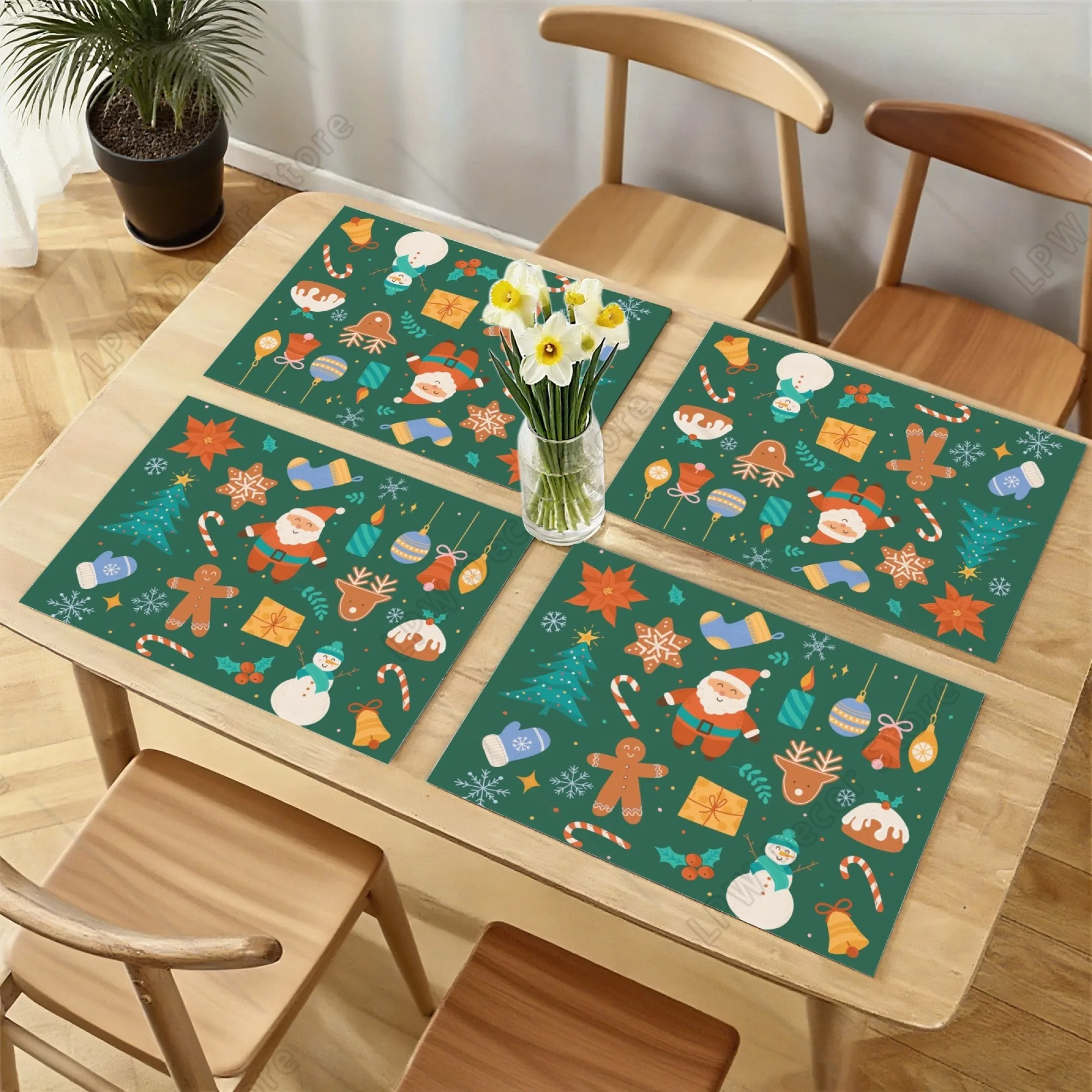 

Рождественские полные элементы с принтом, темно-зеленый Санта-пряничный человечек, подарки, рождественская елка для праздника, декор для семейной вечеринки