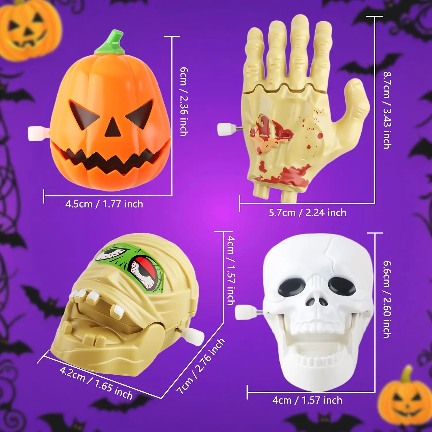Set di 12 Giocattoli a Forma di Mulino per Halloween, Teschio, Mano di Zombie e Testa di Mummia, Decorazioni per Feste e Riempitivi per Sacchetti Regalo di Halloween