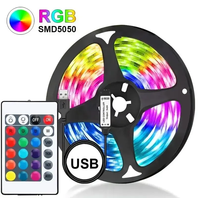 LED USB RGB Strip Light With 24keys Remote Control 5M 5050 Flexible Lights Strip for Room Living Room Party TV Backlight image 6
