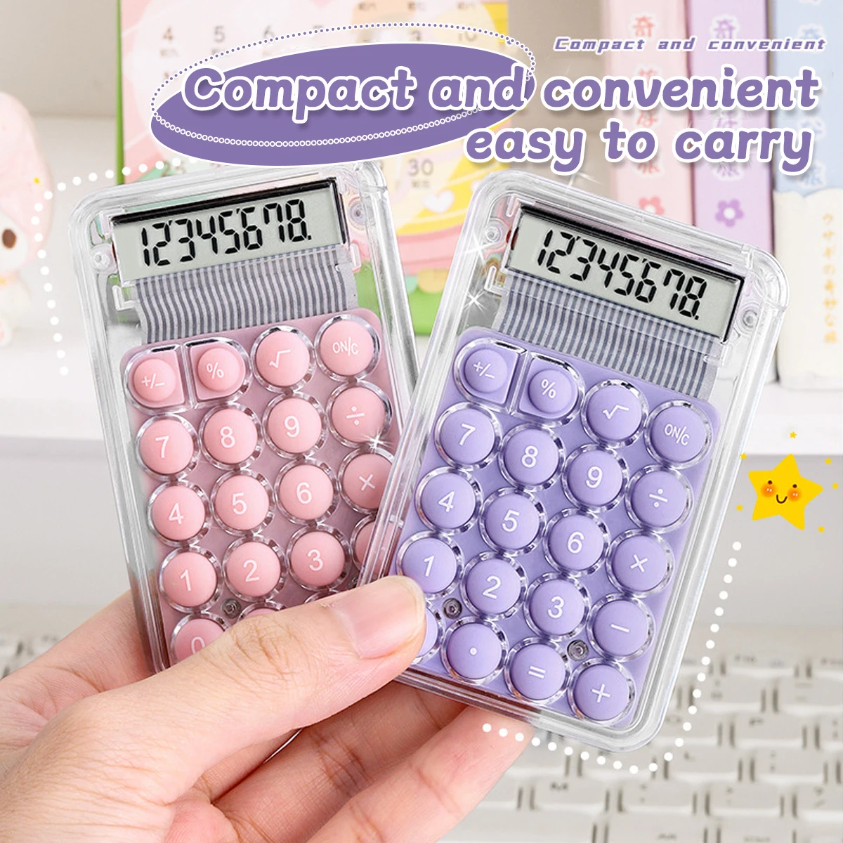 Mini Calculator Portable with Kawaii Design Quiet Click Transparent Case for Students Office Culture and Educational Supplies