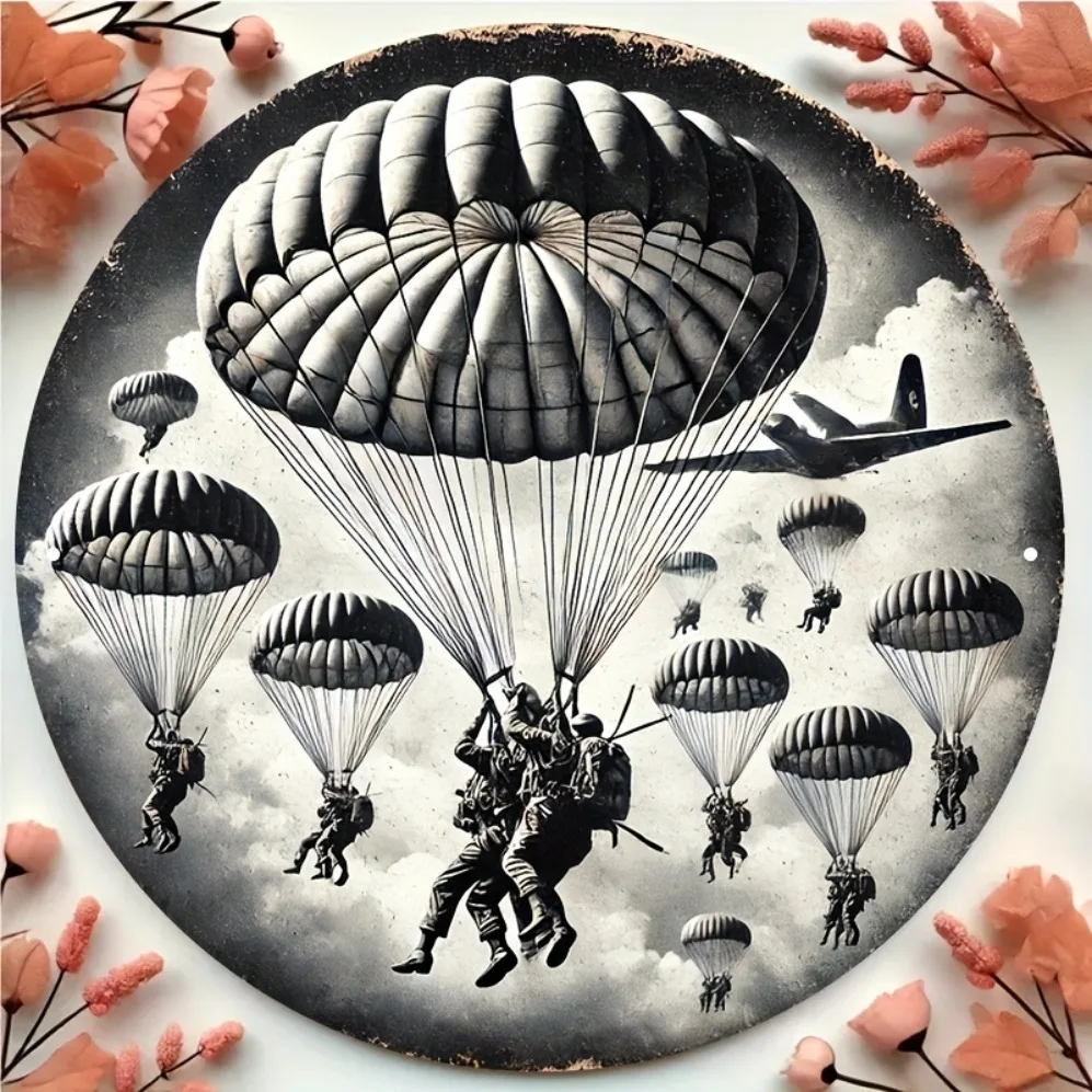 2D Flat, Vintage WWII Paratrooper Round Aluminum Wall Art Plaque - Military-Themed Metal Decor with Detailed Airborne Soldiers &