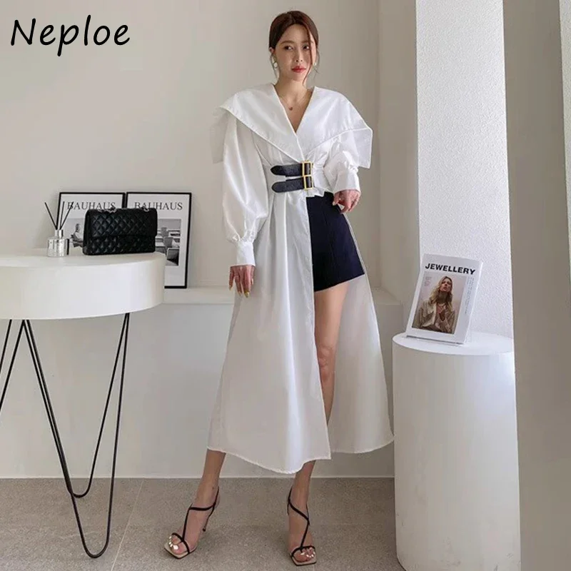 Neploe Korean Chic Elegant Style Lapel Neck Split Double Belt Waist Closure Slim A-line Dress Autumn CHic Simpe Gentle Vestidos