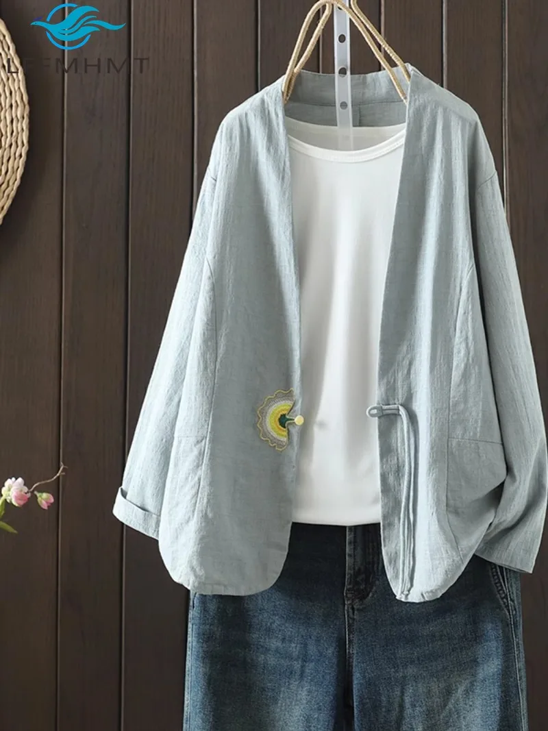 Women's Spring Fashion Cotton Linen Embroidery Cardigan Good Quality Breathable V-neck Short Version Relax Fit Japan Style Coats