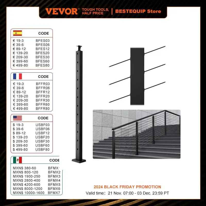 VEVOR Cable Railing Post Pre-Drilled Holes SUS304 Stainless Steel Cable Rail Post with Horizontal /curved Bracket Black/silver