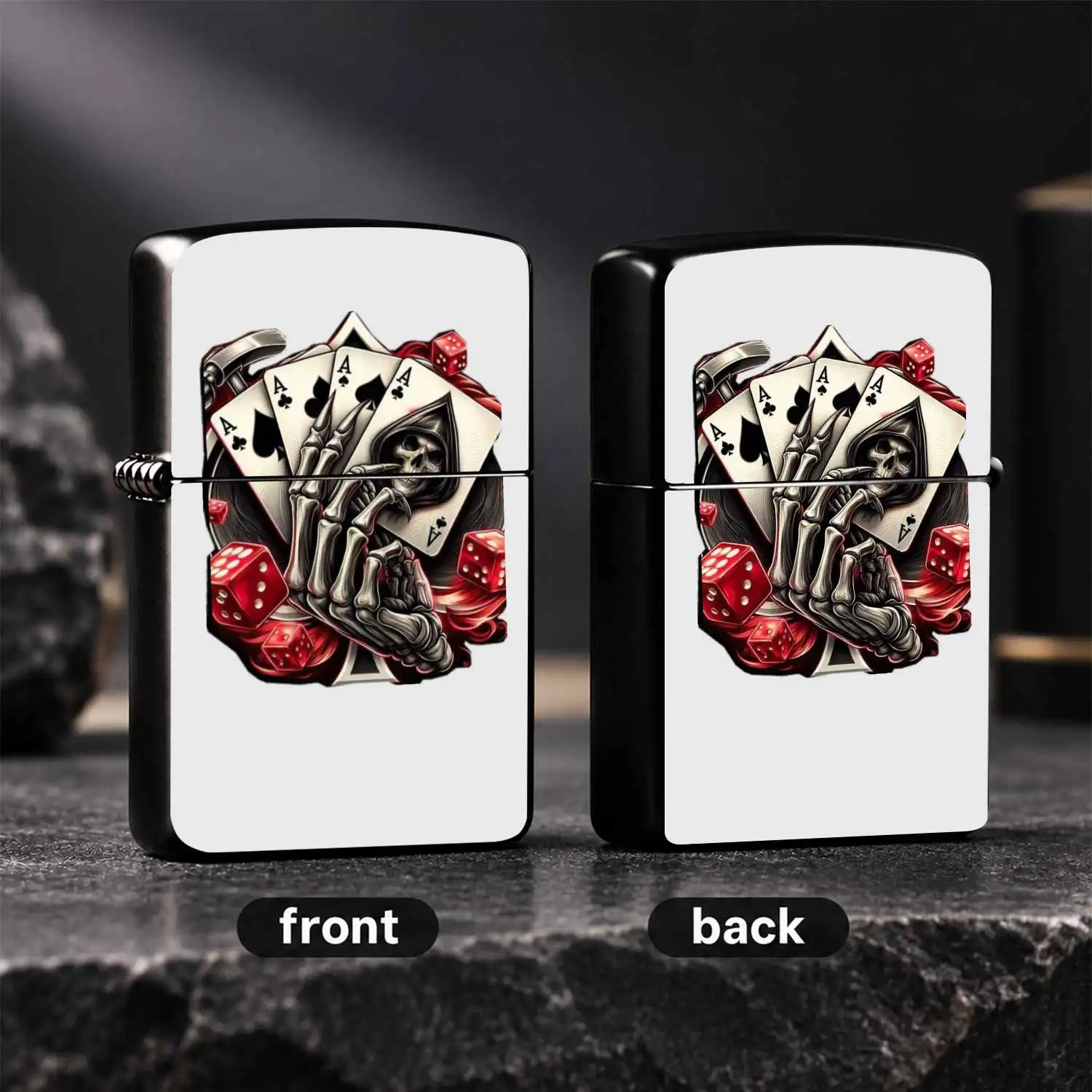 Vintage Grim Reaper Skeleton Hand Holding 4 Aces Poker, Retro Dark Style Red Dice Casino Themed Portable Durable Housing Igniter, Men Collectible Gift Gaming Peripheral Windproof For Daily Use A Fun And Humorous Lighter