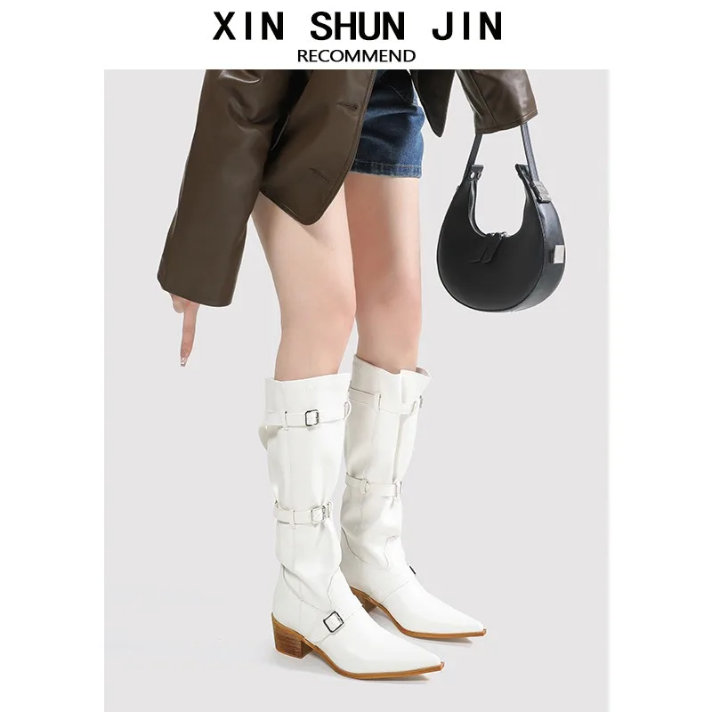 

Retro Western Cowboy Booties Chunky Heel Women's Fashionable Long over Knee Boots Pointed Toe Large Tube Design Niche Style