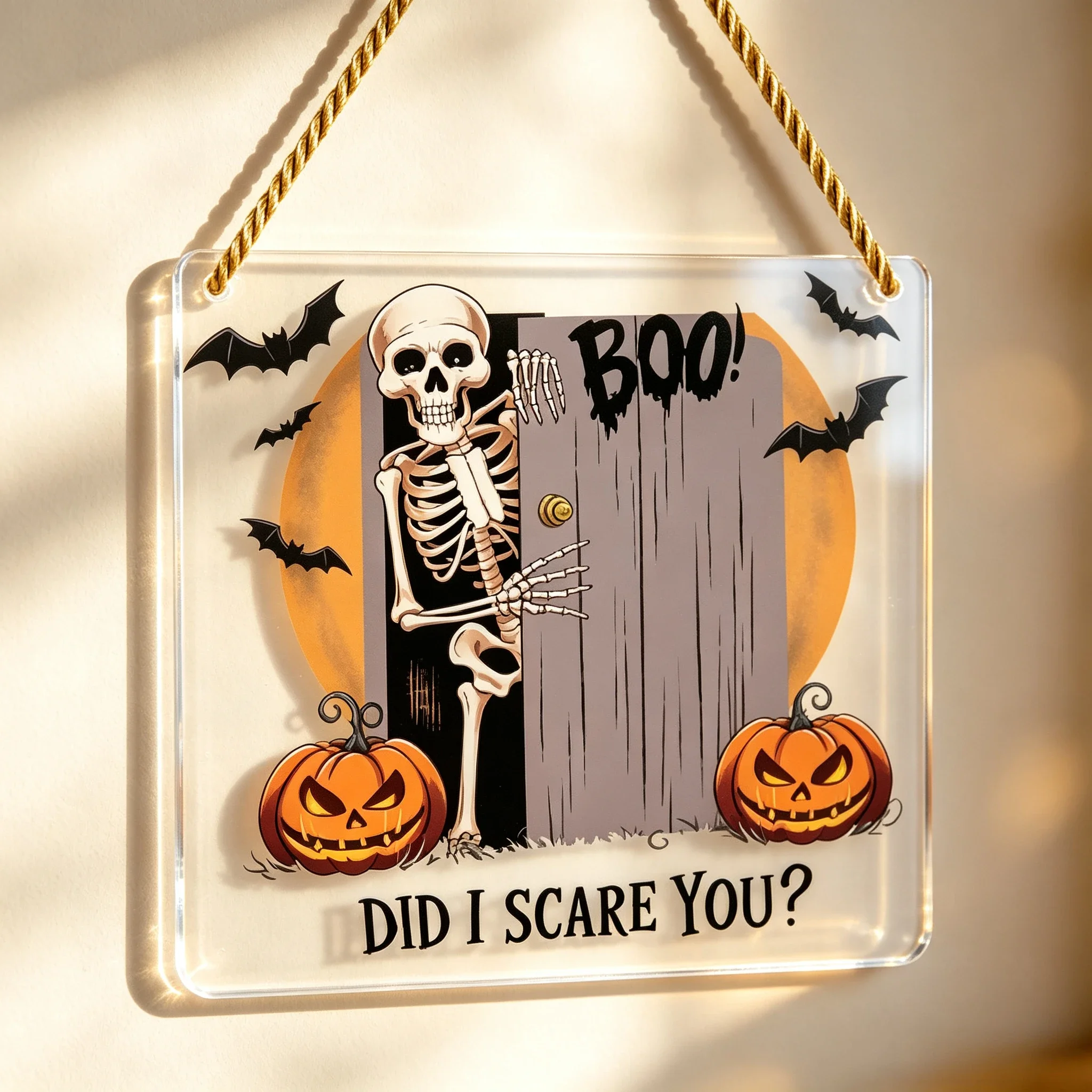 Did I Scare You Skeleton Square Acrylic Hanging Sign, Halloween Door Decor
