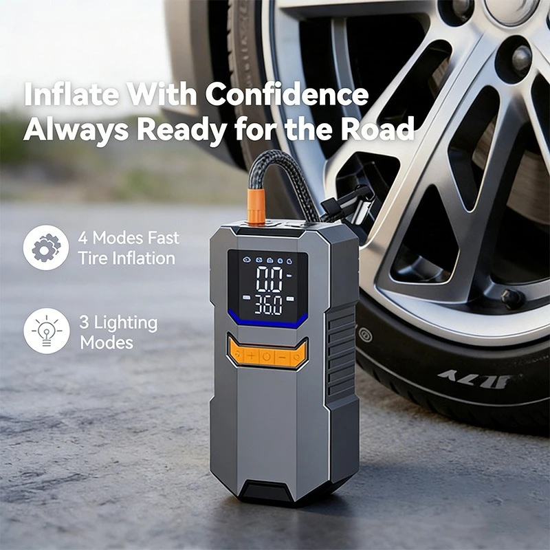 Car Jump Starter with Air Pump, Digital Smart Clamp Emergency Battery Booster, Portable Tire Inflator for Auto SUV Motorcycle