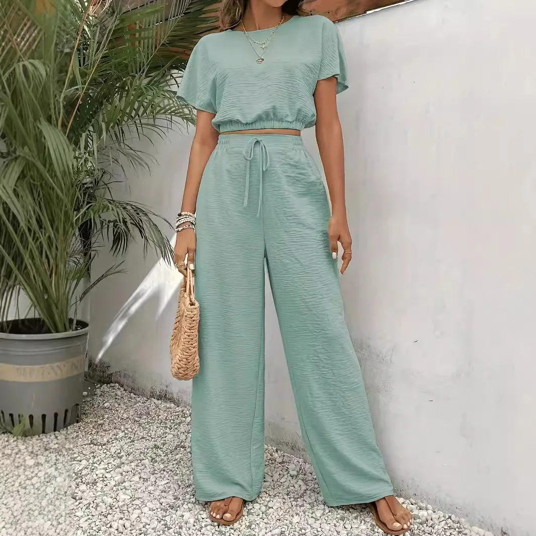 Autumn New Solid Color Elegant Two-piece Set Casual Fashion Sweater Long Wide Pants Cover