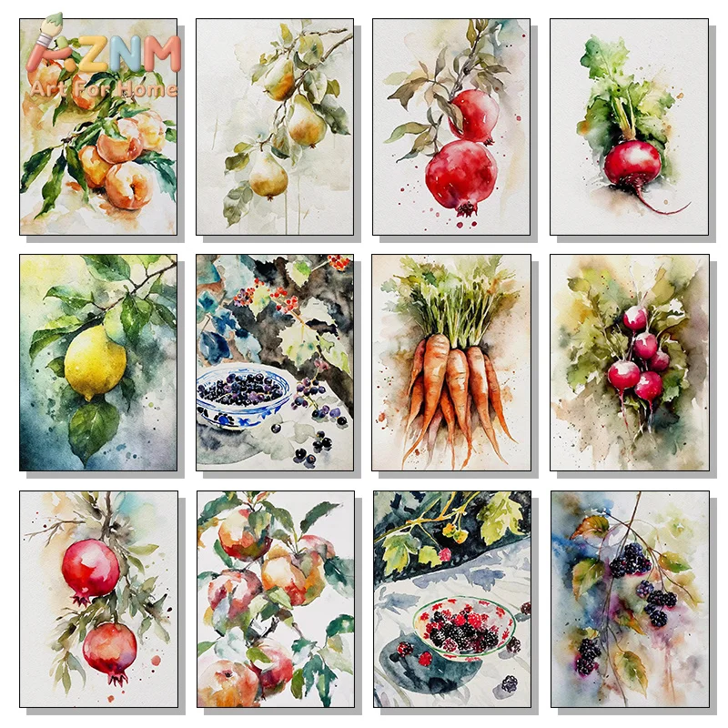 AZNM Watercolor Fruit Vegetable Canvas Wall Art, Peach Pomegranate Carrot Lemon Botanical Print, Kitchen Farmhouse Home Decor, U