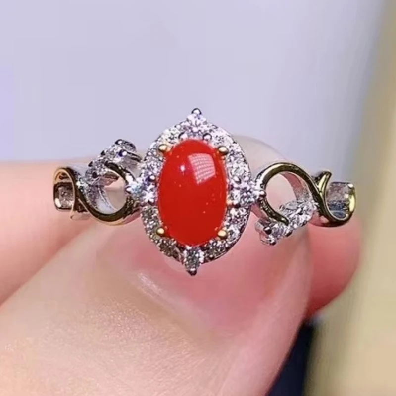 

925 pure silver Chinese style natural Akase Red Coral women's fashion classic Plant pattern adjustable gem ring fine jewelry sup