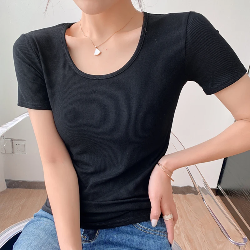 Sexy T Shirt For Women Summer Skinny Tee Shirt Femme Solid Short Sleeve Top Korean Style Slim Screw Thread Tshirt Woman Clothes