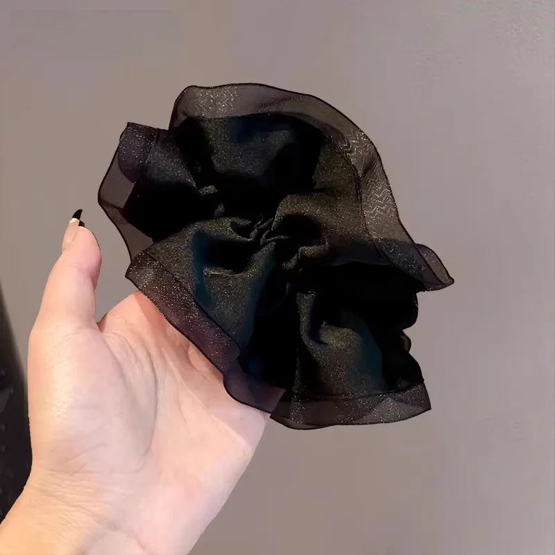 Premium Black Fabric Scrunchie with Ruffle Trim French Casual Elastic Ponytail Holder for Women Daily Versatile Elegant