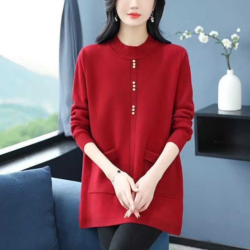 Middle-aged Mother Knitted Dress Autumn New Thick Long Sweater For Women Loose Warm Basic Knitted Pullover Jumper Femme Q567