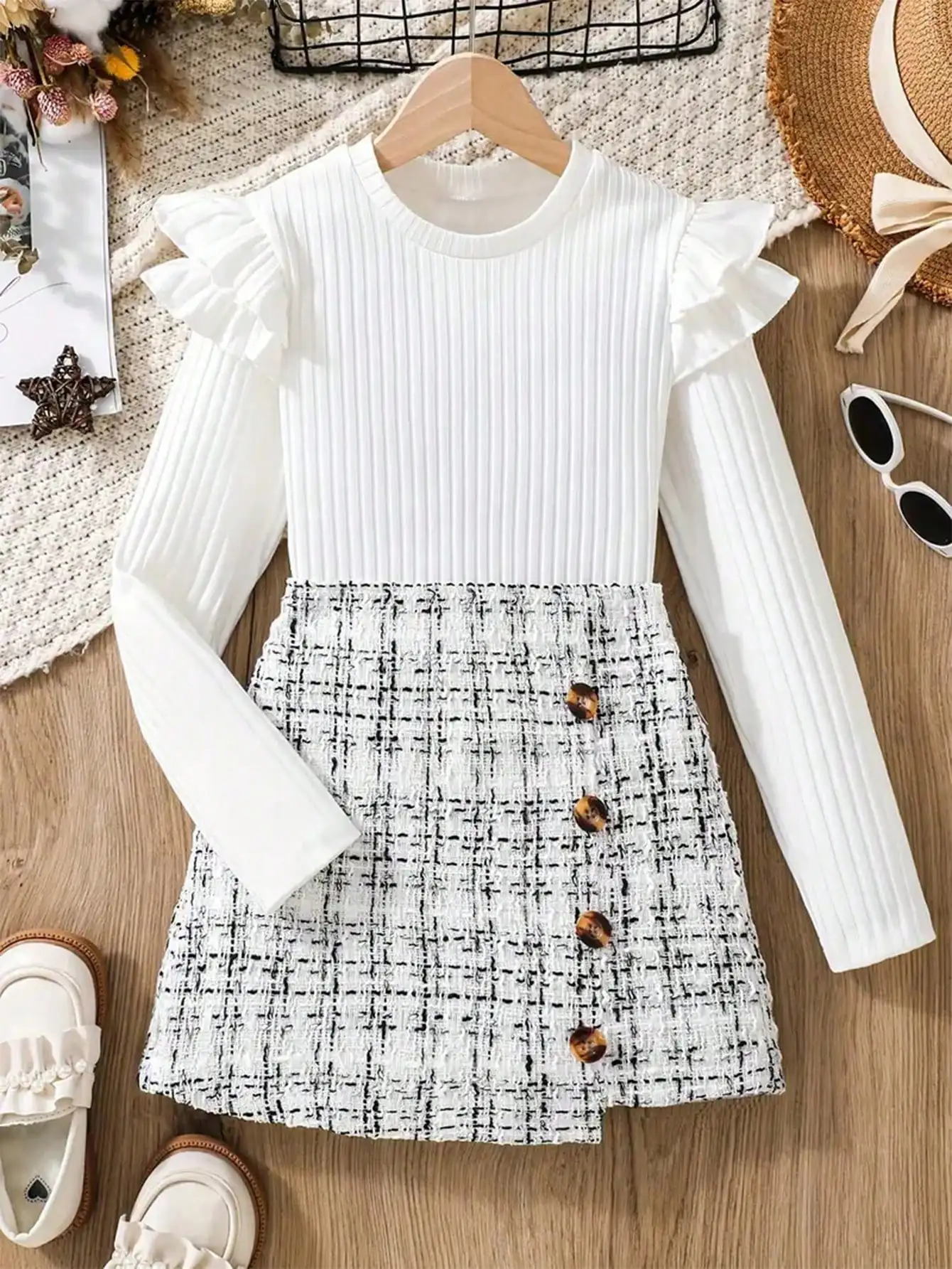Einzigartiges Langarm-Oberteil mit Rüschenrand und Twill-Strickrock-Set, beliebter Stil für den Alltag und Reisen – Detail 3