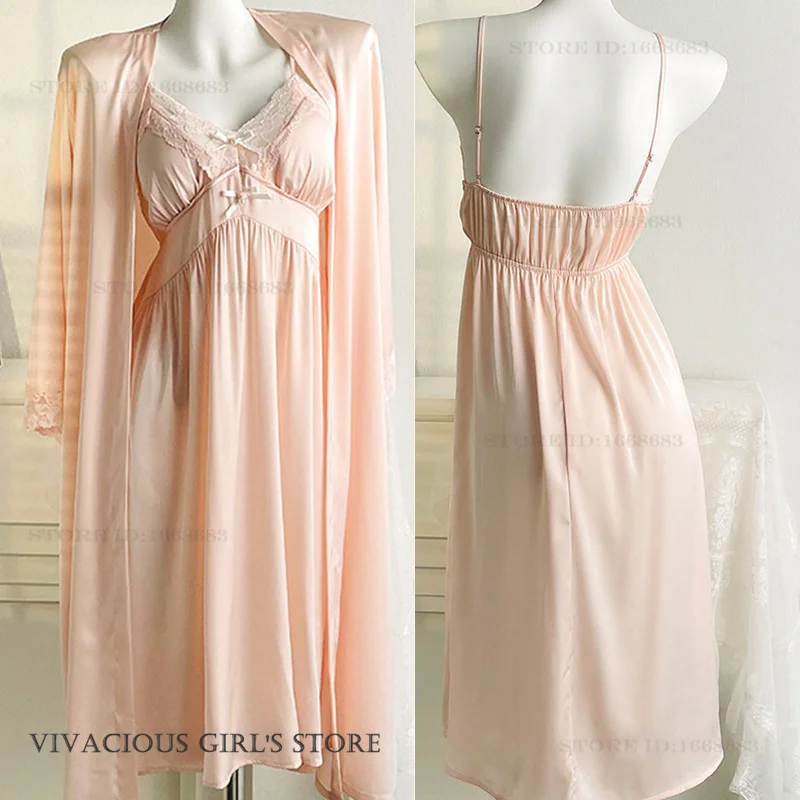 

Элегантный женский комплект: длинный халат и ночная сорочка во французском стиле с кружевом, сексуальное летнее белье, домашняя одежда для женщин