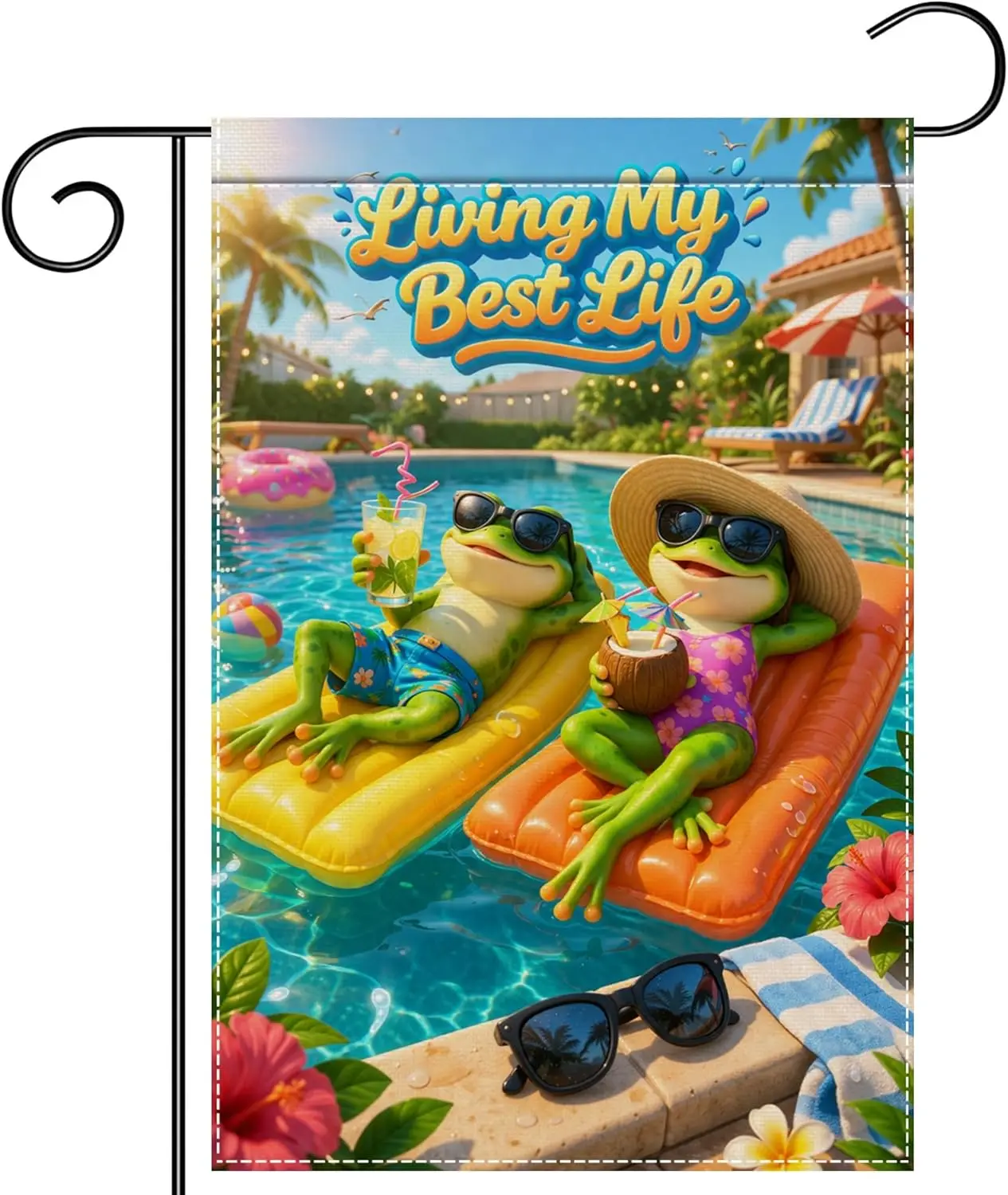 Funny Frog Garden Flag 12x18 Inch Living My Best Life Pool Float Double Sided Polyester Pool Party Summer Outdoor Yard Decor MMZ