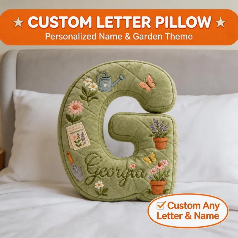 Custom Photo Letter G Shaped Pillow Green Botanical Garden Decor Cushion with Name Unique Home Accent for Sofa Bedroom AdultGift