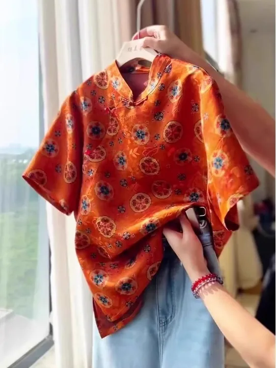 

Женская летняя блузка Ele Orange с цветочным принтом в китайском национальном стиле, ретро-дизайн, красивая женская блузка