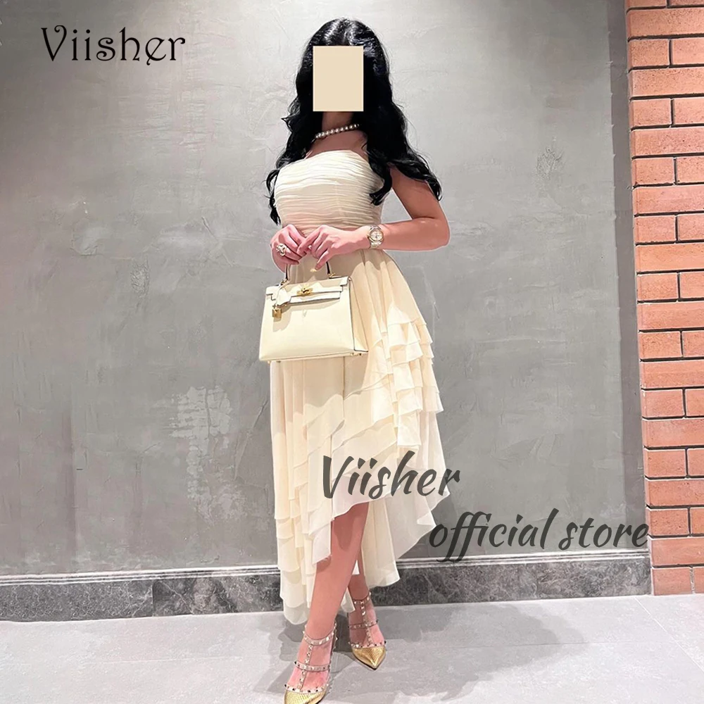 

Viisher Champagne Chiffon Mermaid Evening Prom Dresses for Women Strapless Arabian Dubai Formal Occasion Gowns Ankle Length