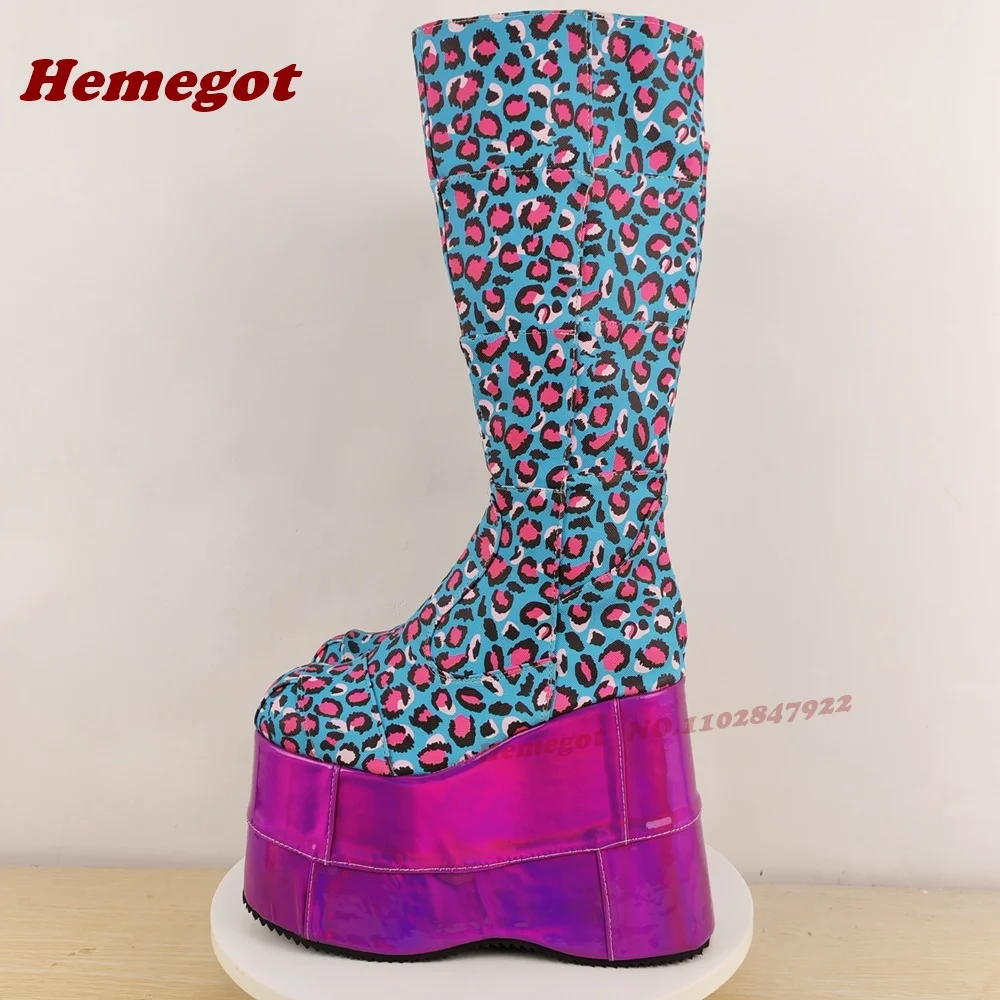 ليوبارد منصة القوطية حذاء برقبة للركبة جولة تو أسافين الجانب سستة أحذية الشتاء للنساء المرقعة 2025 جديد المدرج الأحذية مثير #3