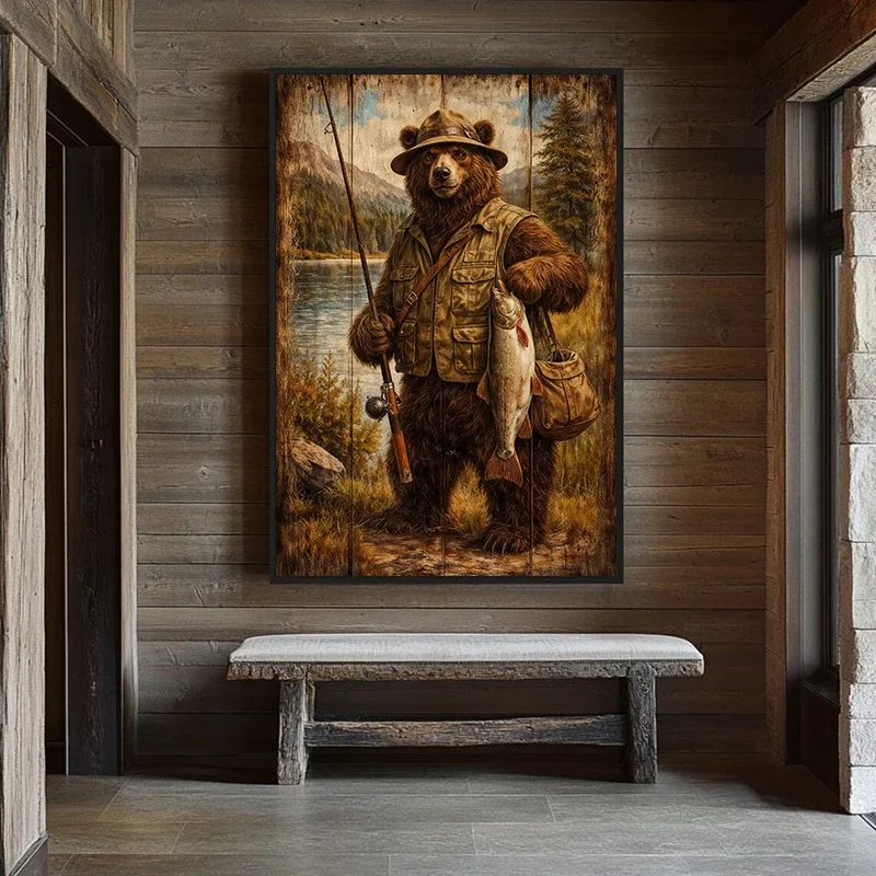 Multiple sizes 1pc frameless Canvas Painting,Fishing Bear Rustic Brown Bear Poster and Prints Canvas Painting Wall Art Pictures