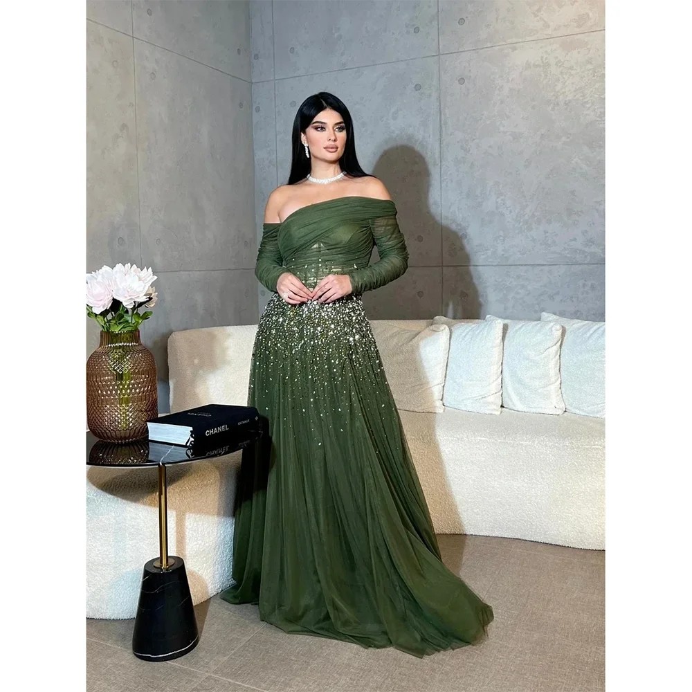 Customized Off The Shoulder Long Sleeves Prom Dresses Beadings Sequins Tulle A-line Floor Length Formal Party Dresses