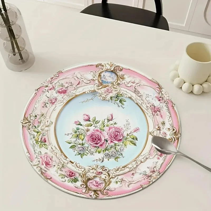 VIKAMA Vintage Rose Classic Plate Round Placemats Set of 2 Pink Blue Gold Table Mats for Dining Table Decor Elegant Party