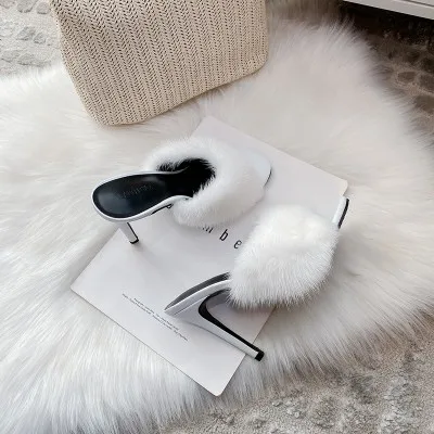 New imported mink fur slippers, hairy shoes, high heels, slim heels, European and American sexy women\'s shoes for parties