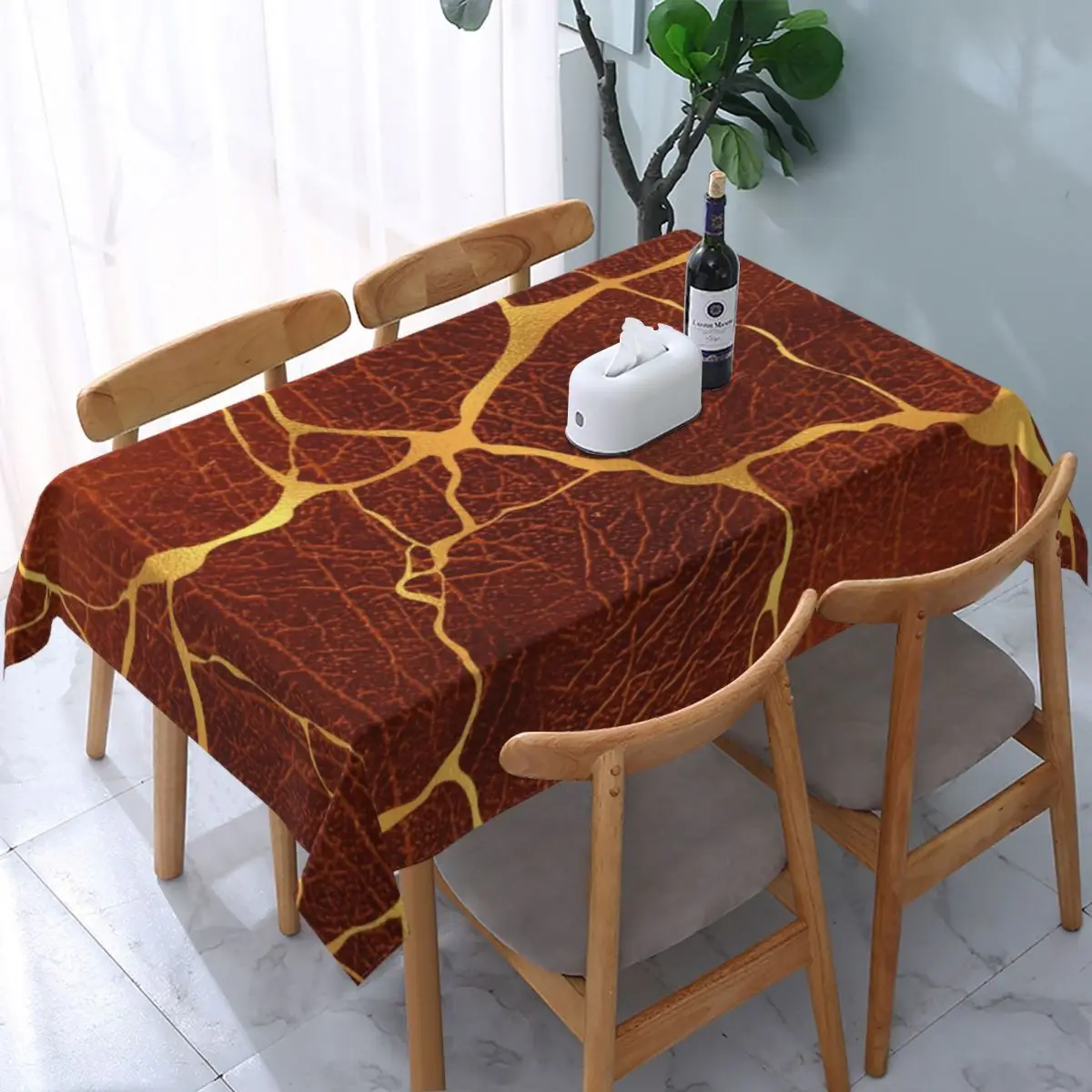 Rectangular Brown Leather Kintsugi Pattern Table Cloth Waterproof Tablecloth 40