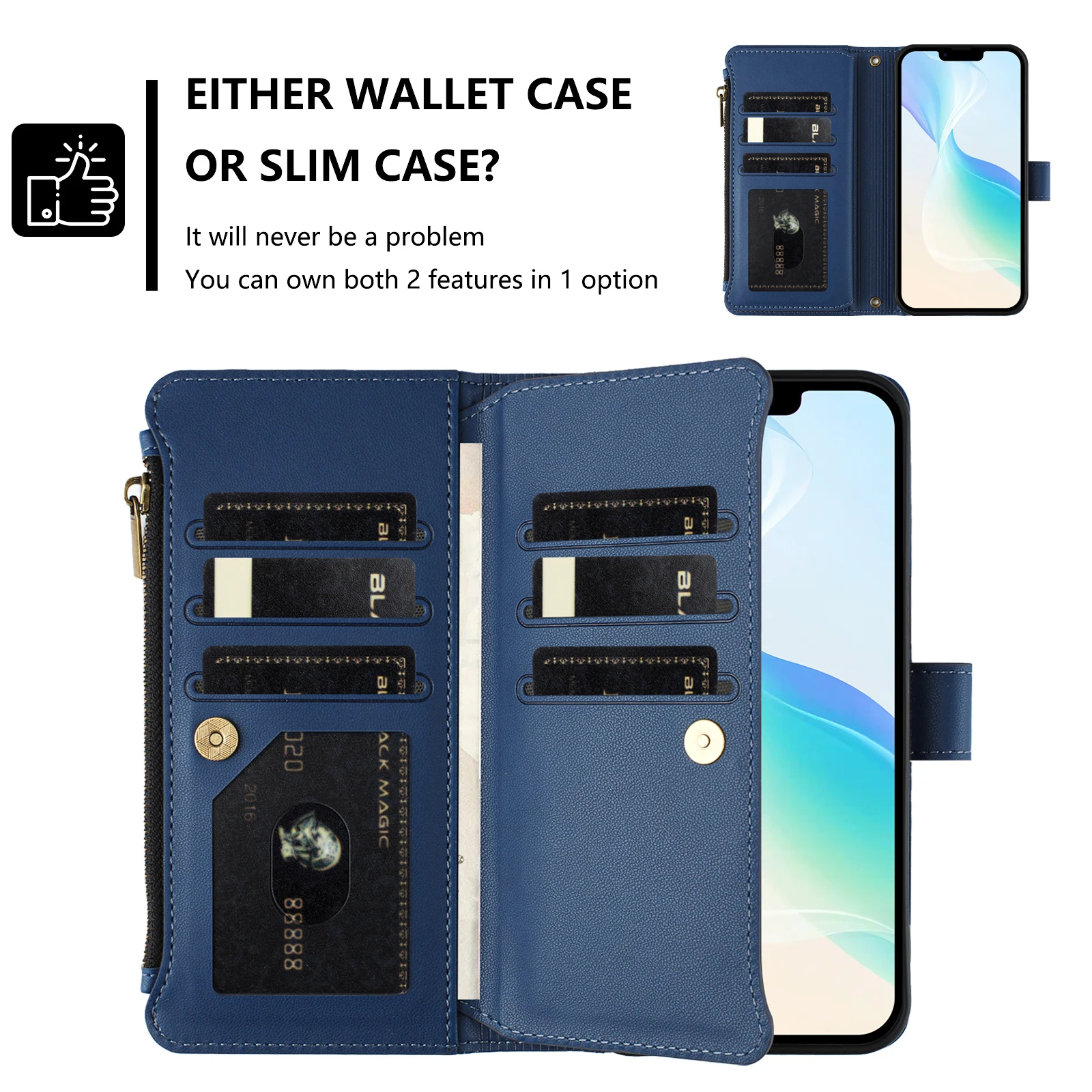 Skórzane etui na iPhone 18 Pro Max 17 16 15 14 13 12 11 SE z przegródkami na karty, paskiem na ramię, zamykanym na zamek błyskawiczny i długim paskiem — zdjęcie produktu 2