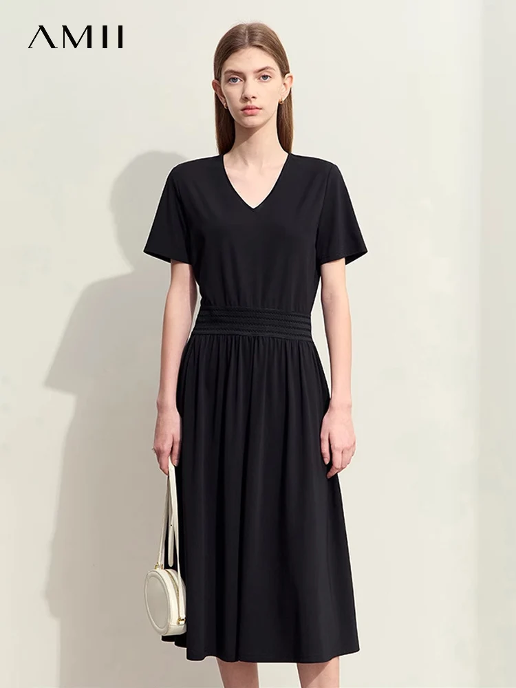

Amii Minimalism Dresses For Women 2025 Summer New Simple Commuter V-neck Hollow Rubber Band Waist Loose Dress Female 12422046