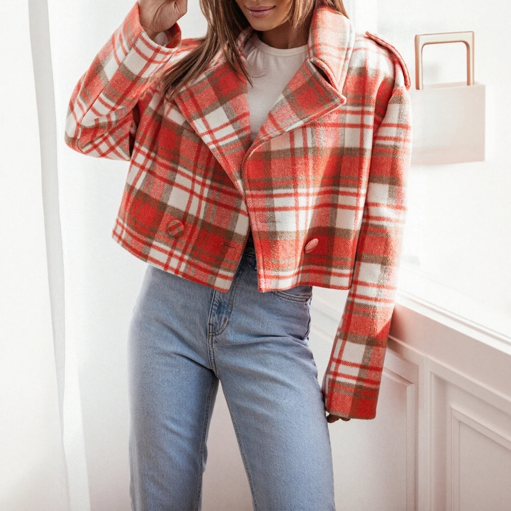 

Женский клетчатый пиджак, осенняя одежда с длинным рукавом и открытой передней частью, базовая повседневная офисная женская одежда