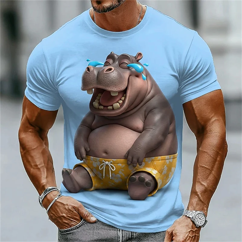 Men's Fun Animal Rhinoceros Print Round-Neck Short-Sleeve Shirt Quick-Dry Breathable Short-Sleeve Top for Outdoor Sports