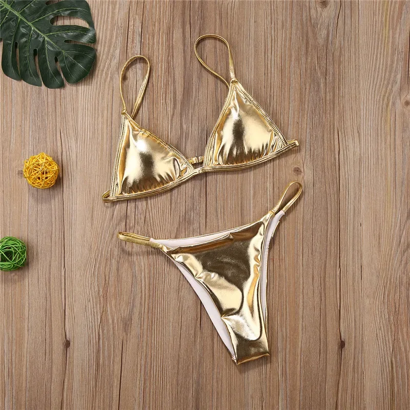 

2025 NEW Women Sexy Bikini Set Gold Solid Bikini Womens Swimwear Push Up Swimwear Summer Thong Bather Bathing Suit Girls Swim