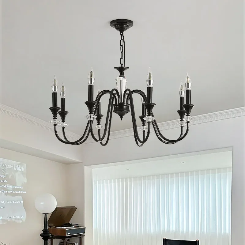 

Black American retro crystal chandelier French light luxury living room high-end candle study master bed lighting