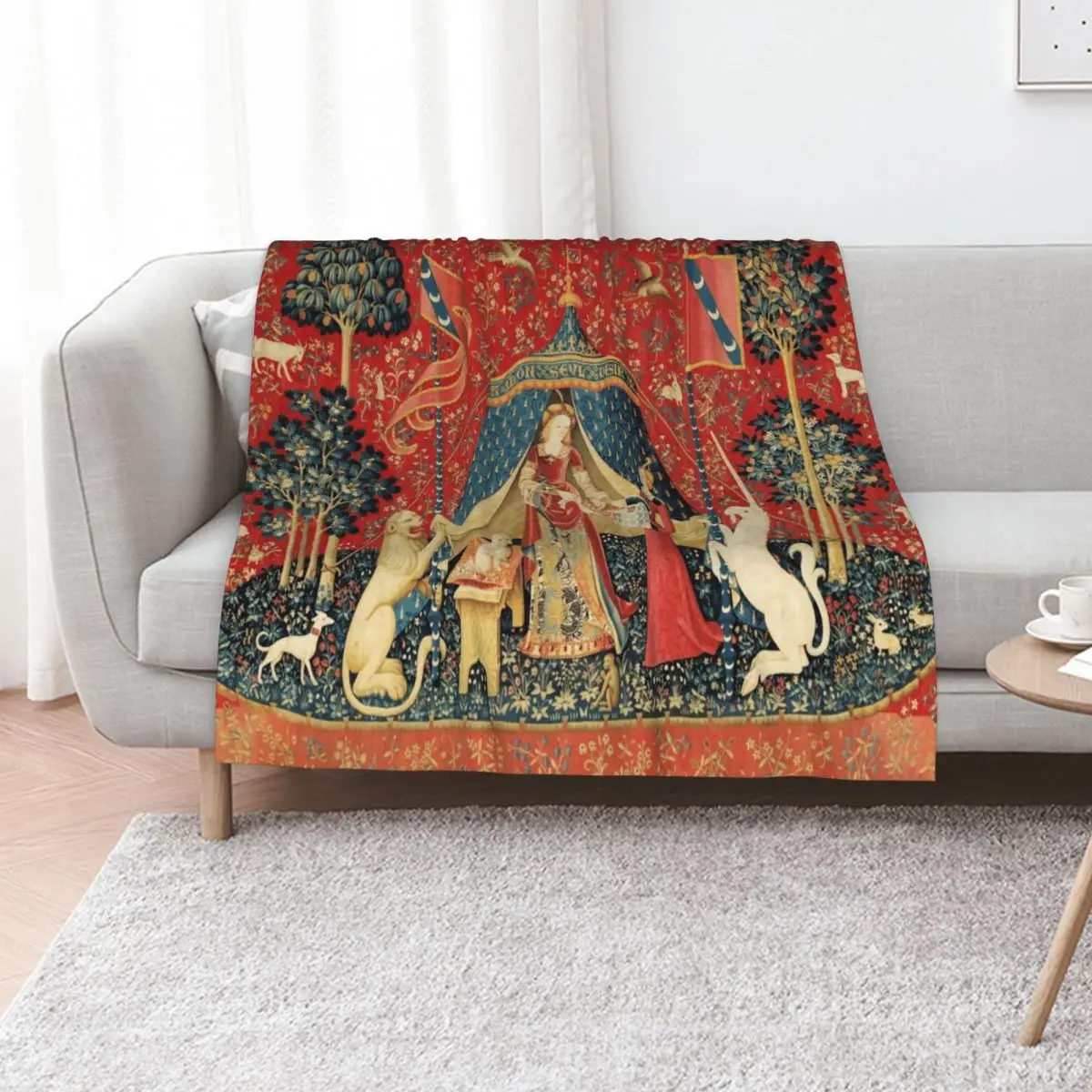 LADY AND UNICORN DESIRE ,Lion,Fantasy Flowers,Animals,Red Green Floral Throw Blanket Decorative Throw Custom Single Blankets