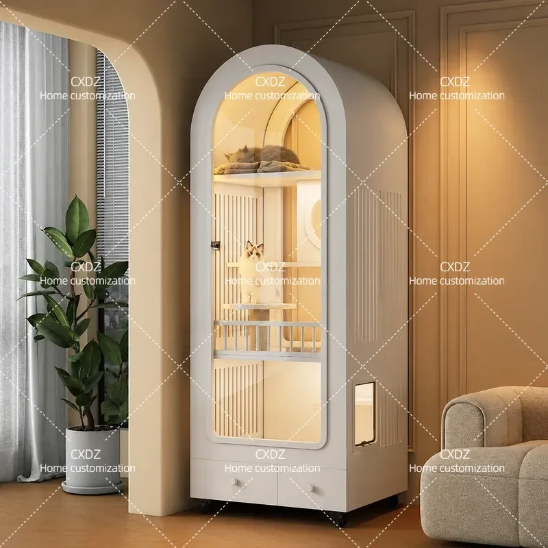 Arched Solid Wood Cat Villa with Integrated Litter Box Indoor Cat House Cabinet Space Saving Pet Furniture No Cage Needed
