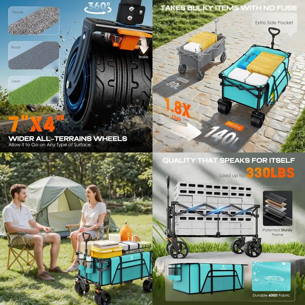 

Складной сверхмощный вездеходный вагон, бесшумные колеса, складная универсальная тележка с боковым карманом, тормоза для кемпинга, сада, спор