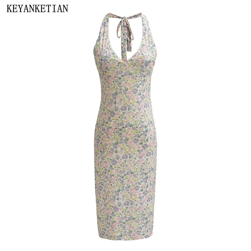 

KEYANKETIAN 2024 New Launch Women's Flower Print Lace Up Halter Dresses Summer Holiday wind Slim Backless Mid-Calf MIDI Dress