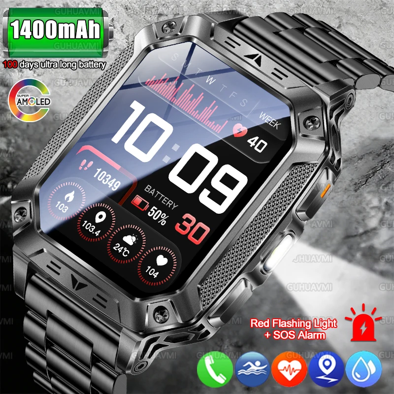 

Новые улучшенные смарт-часы с аккумулятором 1400 мАч, сверхпрочные, с красным светом, звуковой сигнализацией SOS, водонепроницаемостью 10ATM, для спорта, фитнеса и плавания, 2026 год