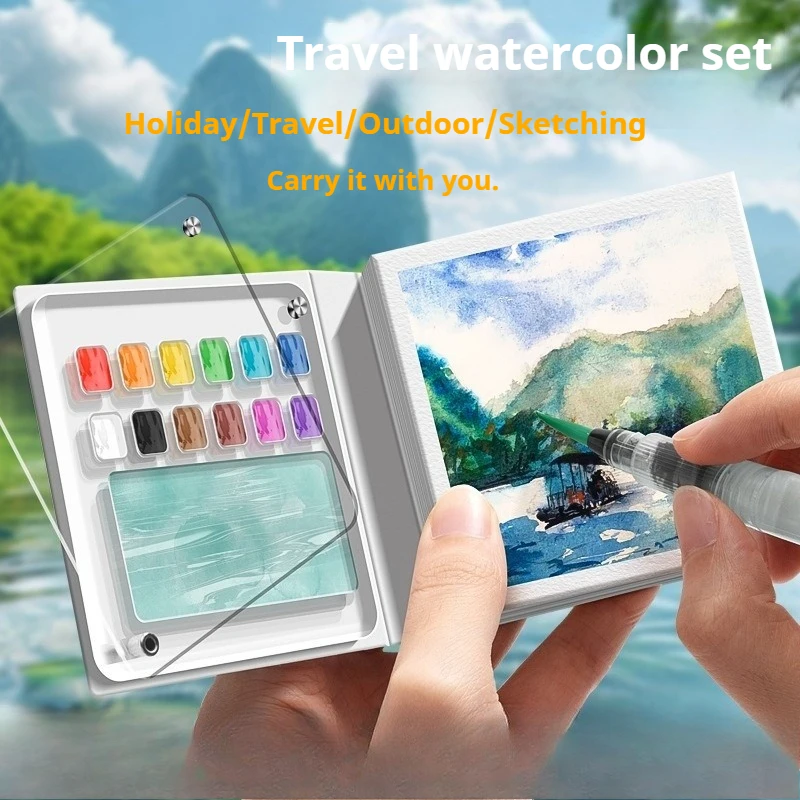 Mini kit de peinture aquarelle de voyage, boîte portable, carnet de croquis de poche, livre de peinture aquarelle anti-stress pour étudiants et employés de bureau