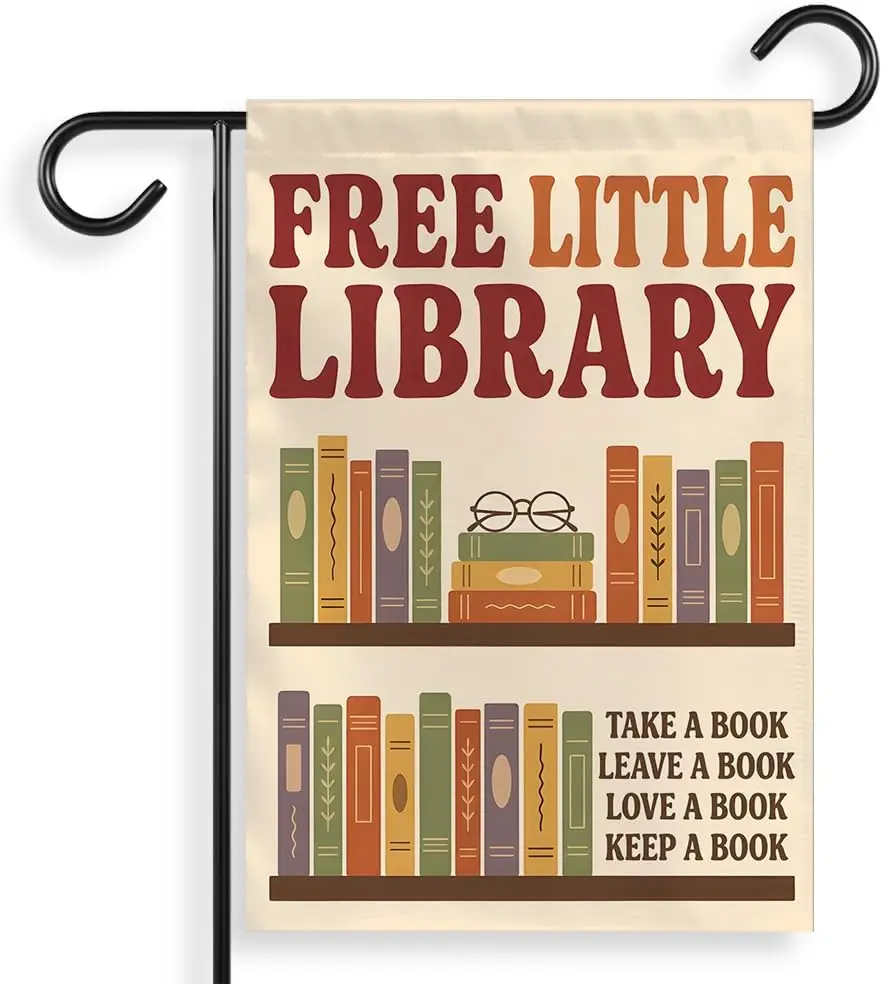 [12 X18] Free Little Library Garden Flag Double Sided, Book Lover Yard Decor, Librarian Reading Corner Outdoor Banner, Booki PPZ