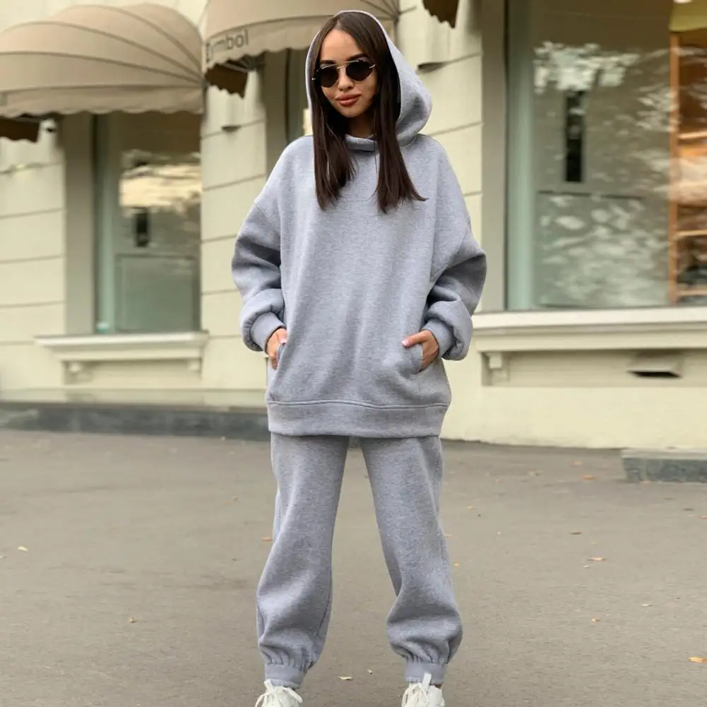 2 Pcs/Set Women Autumn Tracksuit Solid Color Loose Elastic Waist Thick Hooded Keep Warm Pocket Elastic Cuff Deep Crotch Winter H