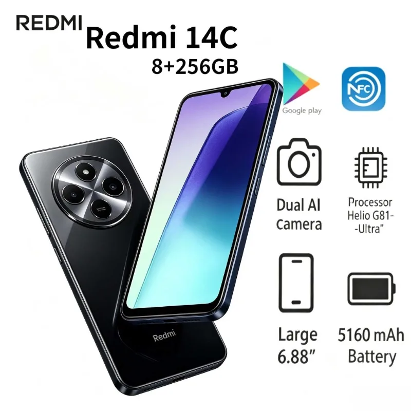 2026 Redmi 14C Global Edition Smartphone 8+256GB 6.88-inch Full HD 50MP Triple Camera NFC 5160mAh Long-Lasting Mobile Phone