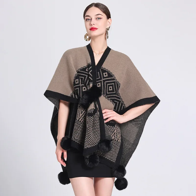 

4 Color Autumn Fur Ball Thick Poncho Cloak Women Printed Out Streetwear Female Pompon Criss Cross Punch Hole Loose Batwing Cappa