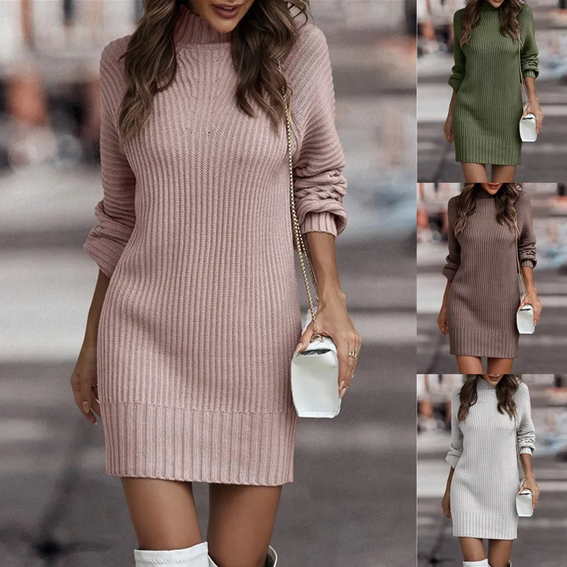 

Spring and Autumn Winter Elegant Temperament Casual Pure Color Loose Long Sleeve High Collar Dress Sweater for Women