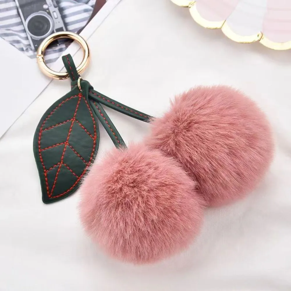 Moda kawaii cereja brinquedo chaveiro coelho pele bola folha saco de pelúcia multi-cor chaveiro chave do carro