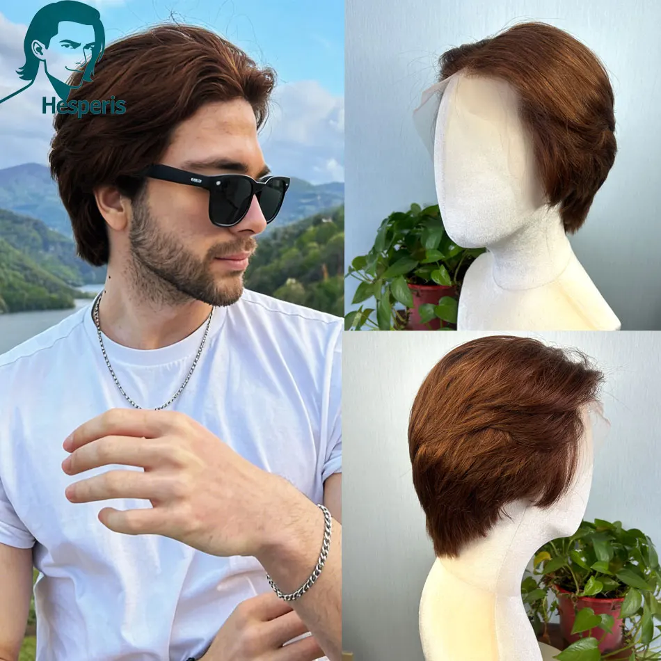 

Hesperis Light Brown Human Hair Men Wigs Glueless Pre Plucked Short Cut Lace Front Wigs For Male 13x6 Deep Part Space Cut Wigs